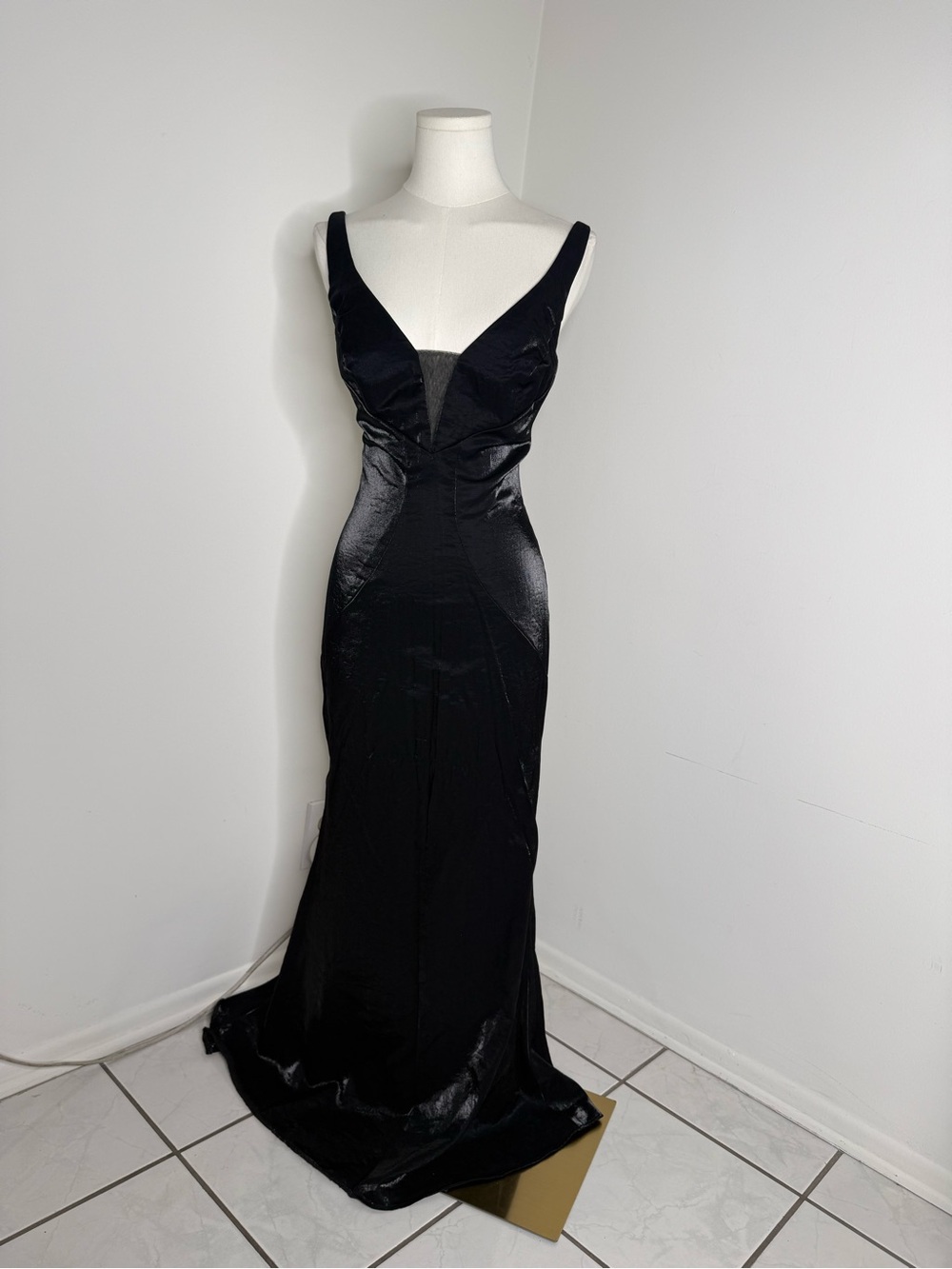Classic Black Satin Prom Gown with Plunging Neckline